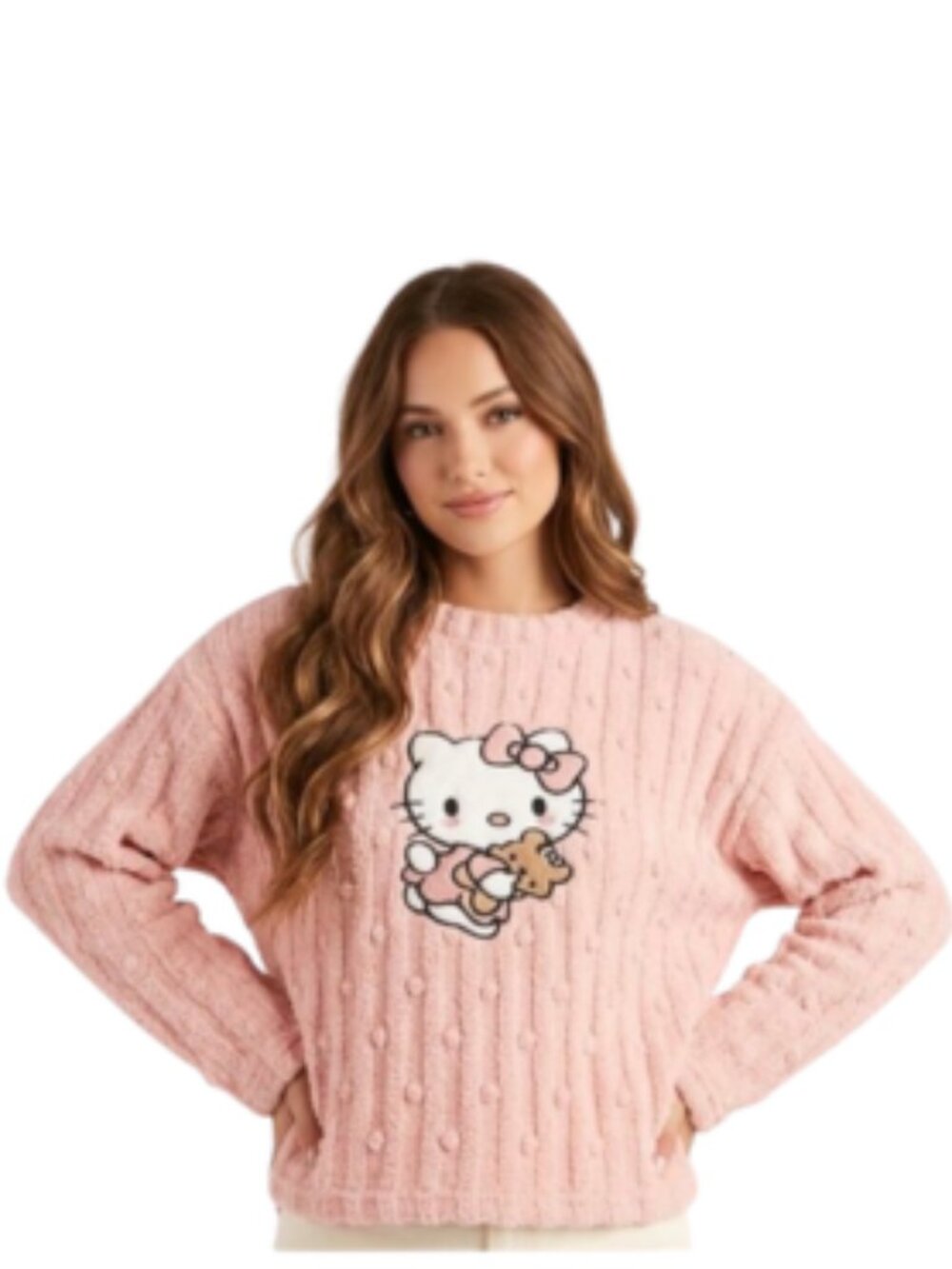 Sanrio Hello Kitty Pink Plush Cable Knit Textured Sweater/ Pajama Top Pullover M